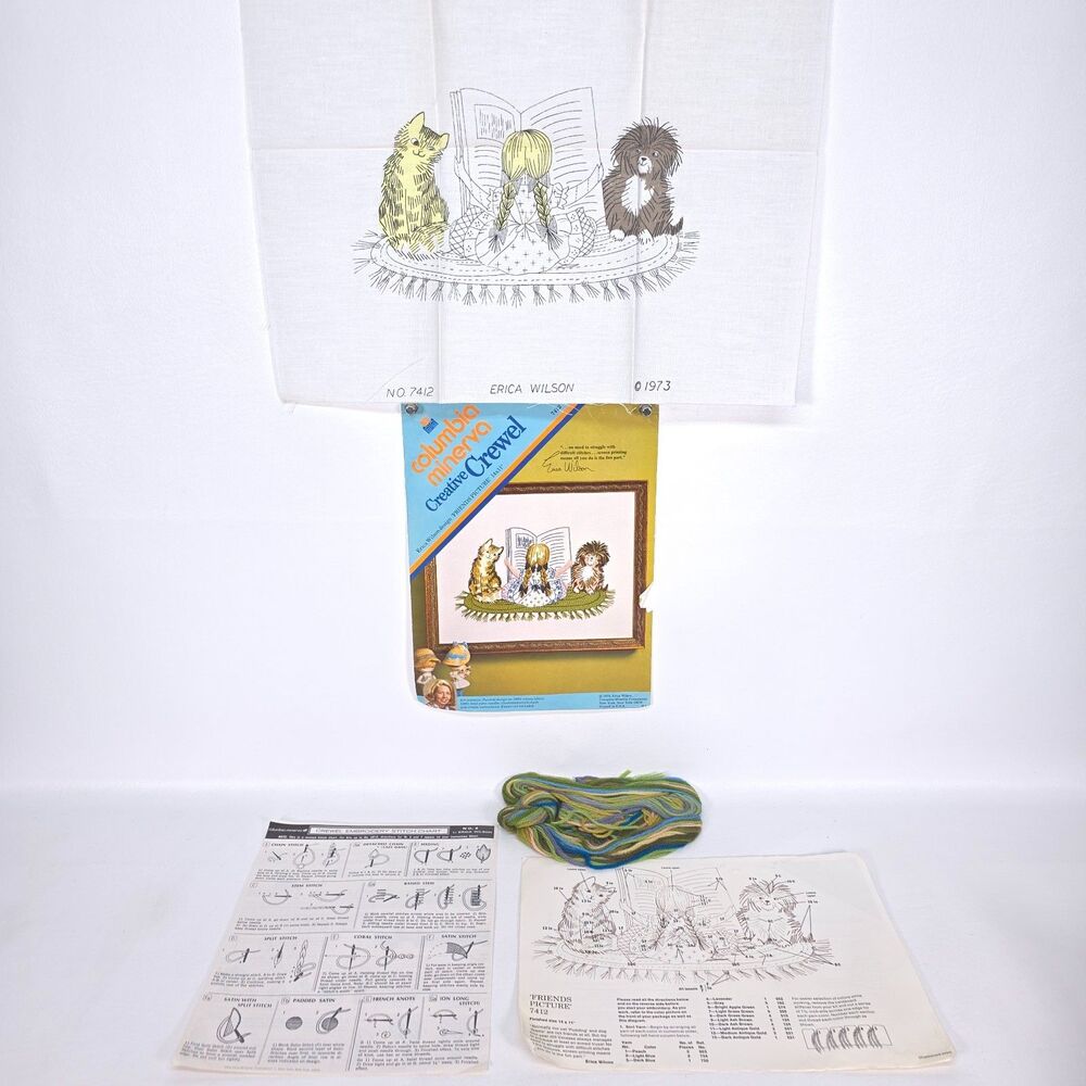 Vintage Columbia Minerva Crewel Kit 7412 Friends Picture Erica Wilson 14x11 USA